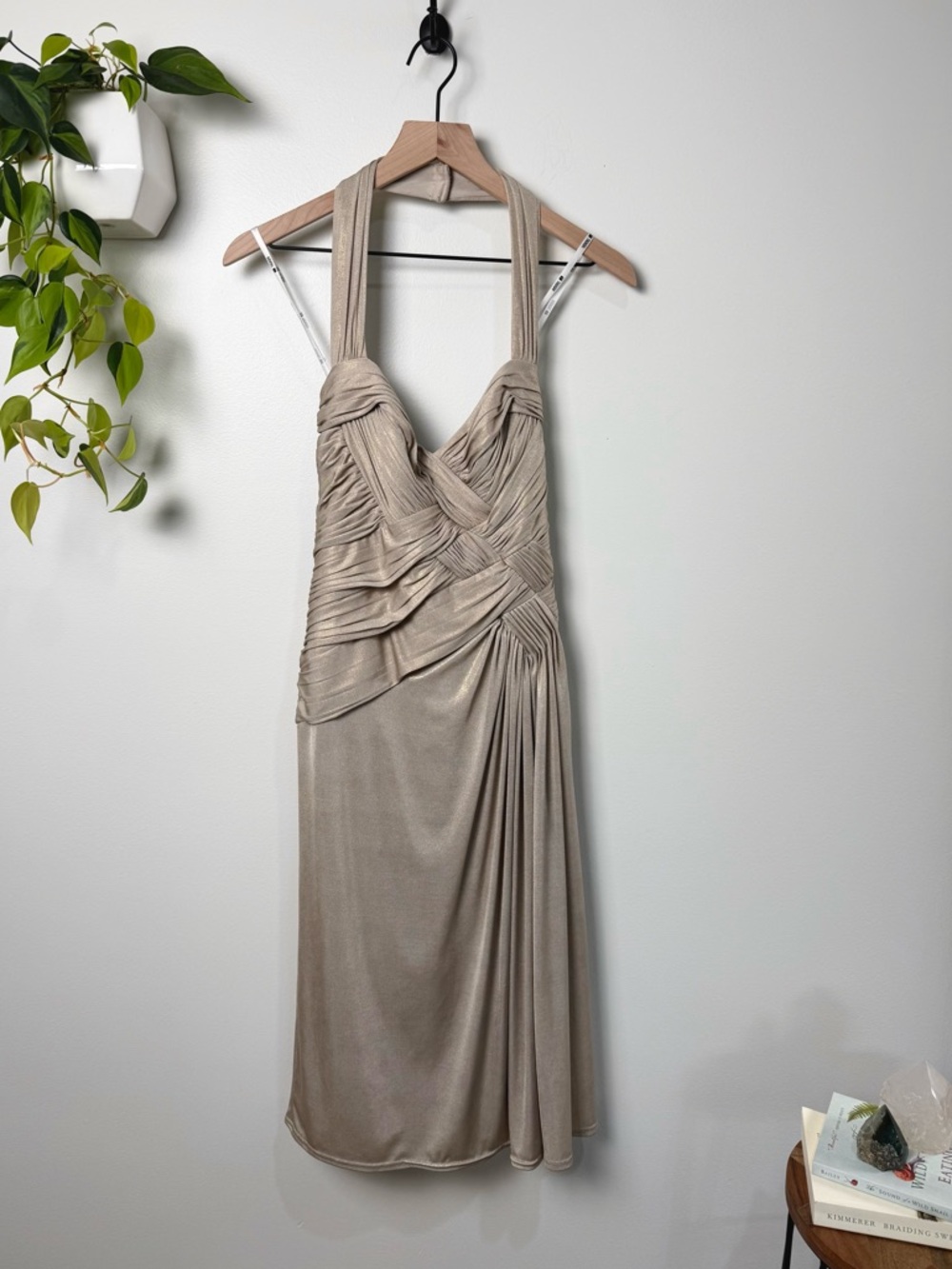 Tadashi Collection Taupe Ruched Halter Evening Dress Vintage Y2K NWT Size S